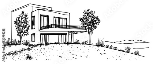 Hand drawn architectural illustration of a modern minimalist villa on a grassy hill