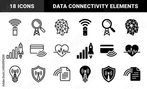 Hybrid Communication and Data Visualization Icons Featuring Battery Wireless Signals Rocket Growth Charts Heartbeat Pulses and Neural Network Human Profiles