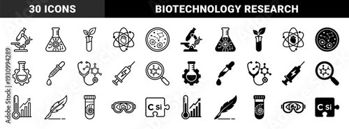 Biotechnology and Synthetic Biology Icons Featuring Hybrid Concepts Like Microscope DNA Lab Flask Microchip and Heart Atom Molecular Research Symbols