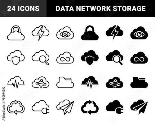 Minimalist cloud computing and data management symbols featuring hybrid metaphors for security connectivity synchronization and lightning fast processing