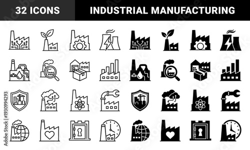 Industrial factory hybrid icons featuring manufacturing plants merged with ecological leaves renewable energy lightning nuclear power and logistics symbols
