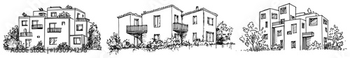 Architectural hand drawn sketches of modern residential villas and Mediterranean style houses