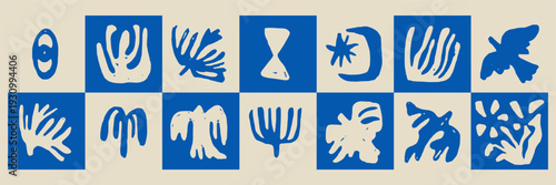 Abstract organic shapes and botanical silhouettes in doodle sketch charcoal style. Modern gallery wall art elements for social media posts and textile prints.