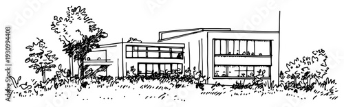 Minimalist architectural sketch of a modern flat roof building with large windows and garden