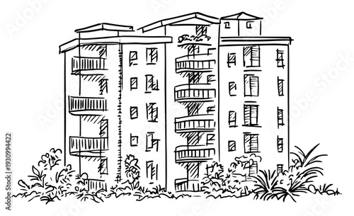 Detailed hand drawn sketch of a multi story apartment building with balconies and lush landscaping