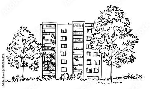 High rise apartment building sketch with residential windows and surrounding trees