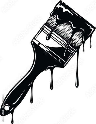 Black paintbrush with dripping paint on white background