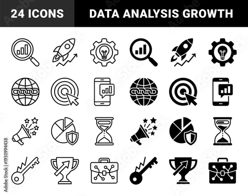 Hybrid business strategy and data analytics symbols featuring a dual outline and solid style with conceptual mergers like a trophy with an arrow and a shield with a chart