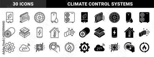 Sustainable Home Heating and Smart Climate Control Hybrid Symbol Set featuring Heat Pump Radiator Boiler and Energy Storage Solutions in Line and Solid Style