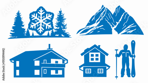 Collection of blue winter-themed vector illustrations, featuring a snowflake, mountains, houses, and a skier