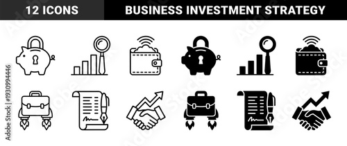 Hybrid financial growth and investment strategy symbols featuring piggy bank locks rocket briefcases and data analysis charts in outline and solid styles