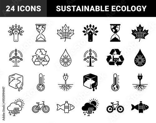 Ecological hybrid symbols merging environmental concepts with sustainability metaphors including battery foliage and hourglass earth in outline and solid styles