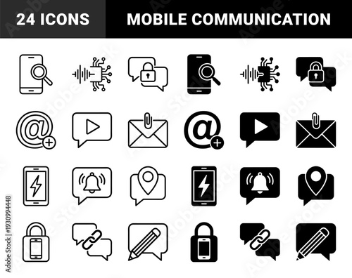 Communication and Connectivity Hybrid Symbols Featuring Integrated Mobile Device Search Secure Messaging and Digital Notification Elements in Linear and Solid Styles
