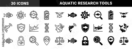 Fish industry technology and aquatic monitoring hybrid symbols featuring maritime tracking research aquaculture management and biological data analysis