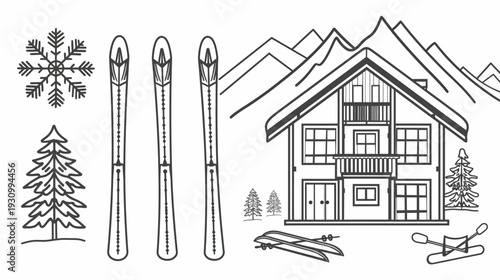 Winter scene illustration with skis, a chalet, trees, mountains, and a snowflake