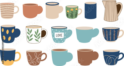 Collection of decorative coffee mugs and ceramic cups with various patterns and colors illustration