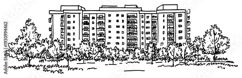 Wide panoramic sketch of a large residential apartment complex nestled in trees