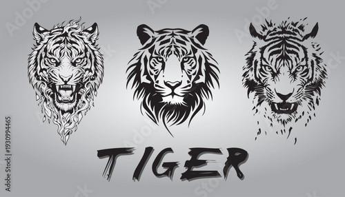 Tribal tiger head illustration set in black and white style.Vector Eps10