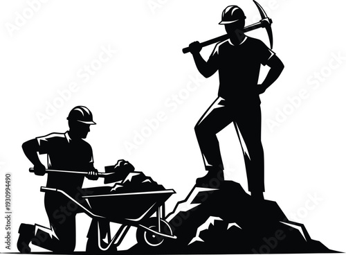 Two miners working in a coal mine environment