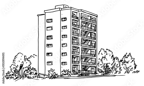 Tall multi story apartment building perspective drawing with minimalist architectural details