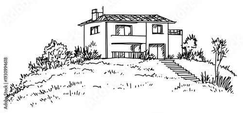 Hand drawn architectural sketch of a traditional mediterranean house on a hill with stairs