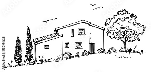 Simple hand drawn illustration of a suburban house with cypress trees and birds
