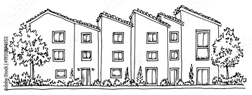 Hand drawn sketch of a row of modern terraced houses and townhouses architecture