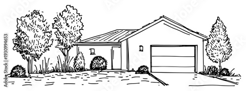 Simple architectural sketch of a suburban bungalow house with garage and garden trees