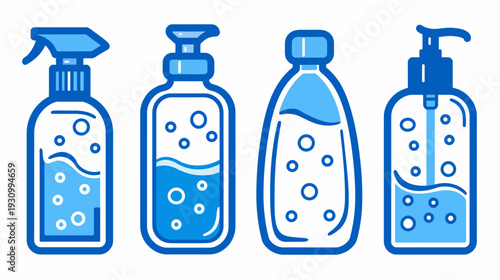 A stylized illustration featuring four different containers of a blue liquid, with bubbles