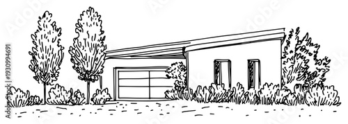 Hand drawn architectural sketch of a modern house with flat roof and trees