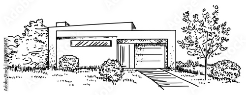 Modern minimalist villa architecture sketch with flat roof and contemporary design elements