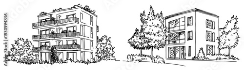 Sketch of modern apartment blocks and residential buildings with garden trees and landscaping