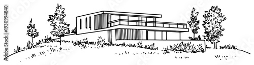 Minimalist modern house sketch featuring a flat roof and terrace on a sloped landscape