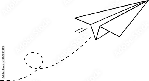 Paper airplane with dashed flight path line art illustration
