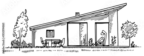 Architectural sketch of a modern tiny house with a slanted roof and outdoor patio furniture
