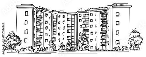 Hand drawn ink sketch of a large curved multi story apartment building exterior