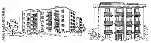 Sketch of two modern residential apartment blocks with balconies and windows