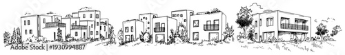Minimalist row of modern cubic houses in a landscaped environment sketch