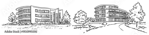 Modern curved architectural building sketches for corporate or commercial design