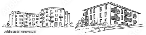 Hand drawn architectural sketch of modern multi story residential buildings with balconies
