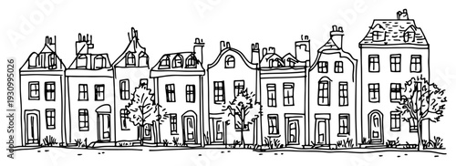 Hand drawn illustration of a row of traditional European style townhouses in a city street