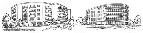 Hand drawn sketch of modern semi circular office buildings or apartment complexes