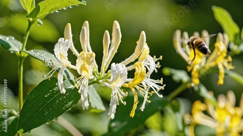 Wallpaper Mural White and yellow honeysuckle flowers with water drops in garden Torontodigital.ca