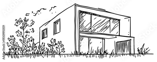 Hand drawn minimalist modern cube house with large glass windows in a garden