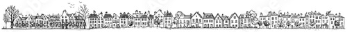 Long panoramic sketch of a traditional urban street with rows of small residential houses