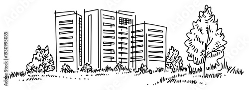 Architectural sketch of modern urban high rise buildings and city towers with trees