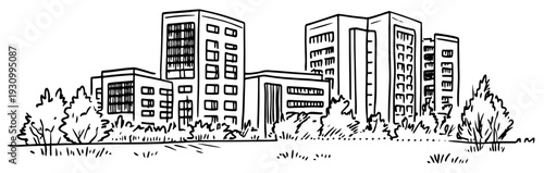 Hand drawn illustration of a modern city business center with several office buildings
