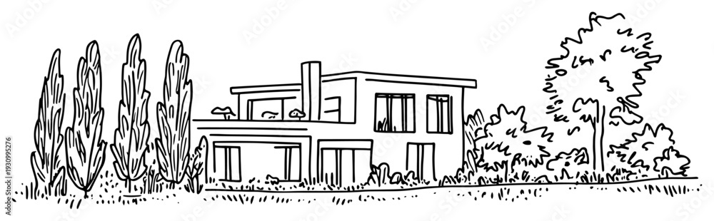 Fototapeta premium Modern luxury villa architectural sketch with flat roof and tall cypress trees