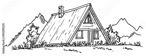Rustic mountain cabin architectural sketch with a-frame roof and jagged peaks background