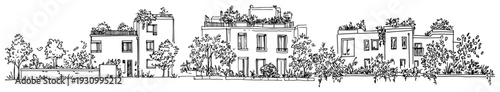 Panoramic architectural sketch of sustainable modern houses with green roof gardens and trees